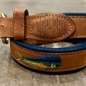 Zep Pro Leather Canvas Belt Embroidery Dolphin Fish Brown Men's 42 Fisherman USA